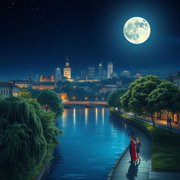 A breathtaking night scene showcasing a tranquil city skyline illuminated by numerous twinkling lights