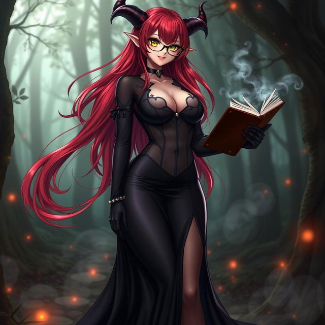 A sexy demonic anime girl witch with long, flowing red hair and fashionable glasses that enhance her enchanting look