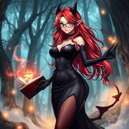 A sexy demonic anime girl witch with long, flowing red hair and fashionable glasses that enhance her enchanting look