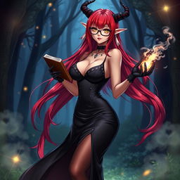 A sexy demonic anime girl witch with long, flowing red hair and fashionable glasses that enhance her enchanting look