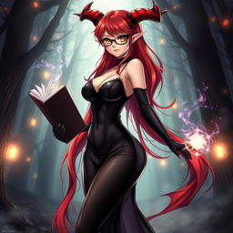 A sexy demonic anime girl witch with long, flowing red hair and fashionable glasses that enhance her enchanting look