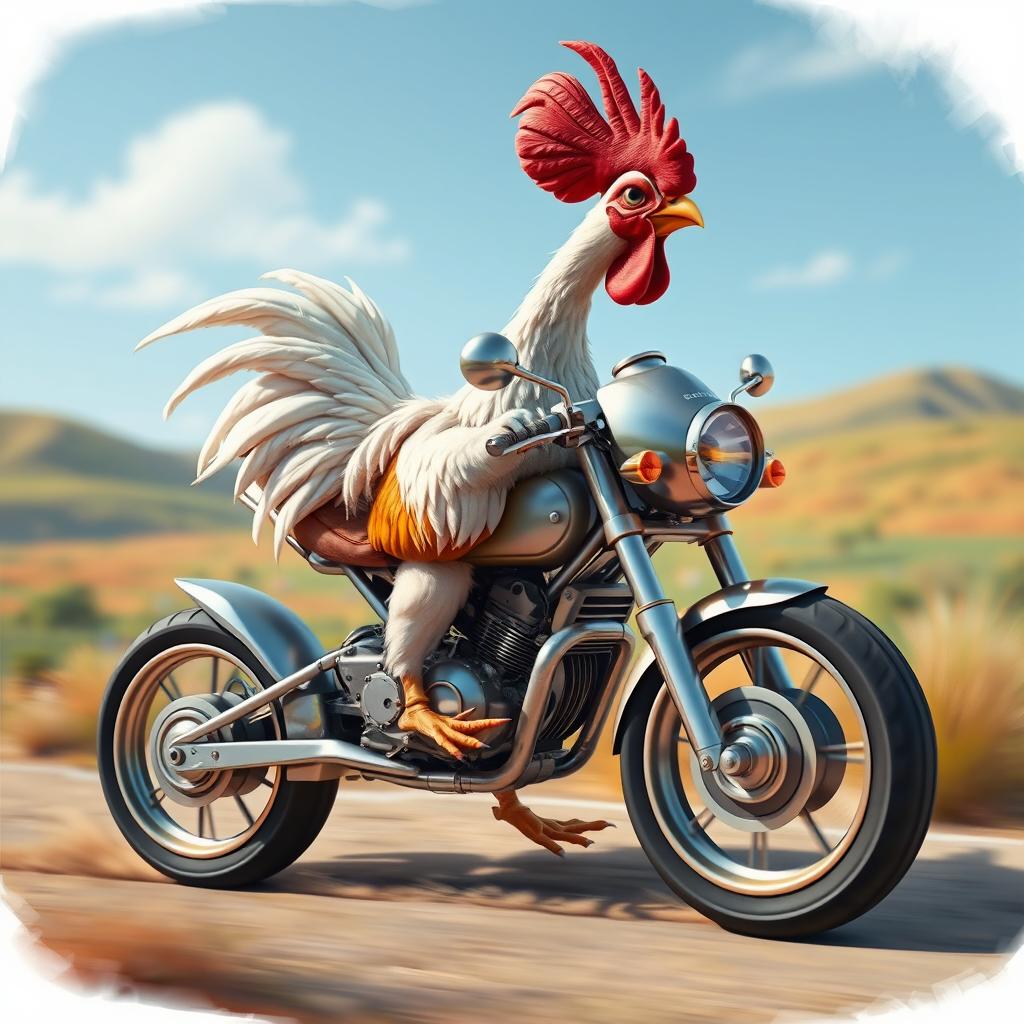 A whimsical fusion of a chicken and a motorcycle, depicting a fantastical creature that combines the body of a chicken with the sleek elements of a motorcycle