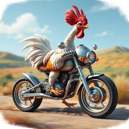 A whimsical fusion of a chicken and a motorcycle, depicting a fantastical creature that combines the body of a chicken with the sleek elements of a motorcycle