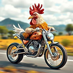 A whimsical fusion of a chicken and a motorcycle, depicting a fantastical creature that combines the body of a chicken with the sleek elements of a motorcycle