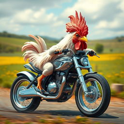 A whimsical fusion of a chicken and a motorcycle, depicting a fantastical creature that combines the body of a chicken with the sleek elements of a motorcycle
