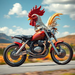 A whimsical fusion of a chicken and a motorcycle, depicting a fantastical creature that combines the body of a chicken with the sleek elements of a motorcycle
