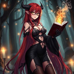 A sexy demonic anime girl witch with long, flowing red hair that cascades down her back, adorned with stylish glasses that accentuate her distinct features