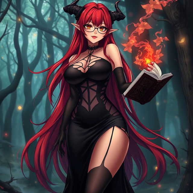 A sexy demonic anime girl witch with long, flowing red hair that cascades down her back, adorned with stylish glasses that accentuate her distinct features