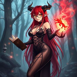 A sexy demonic anime girl witch with long, flowing red hair that cascades down her back, adorned with stylish glasses that accentuate her distinct features