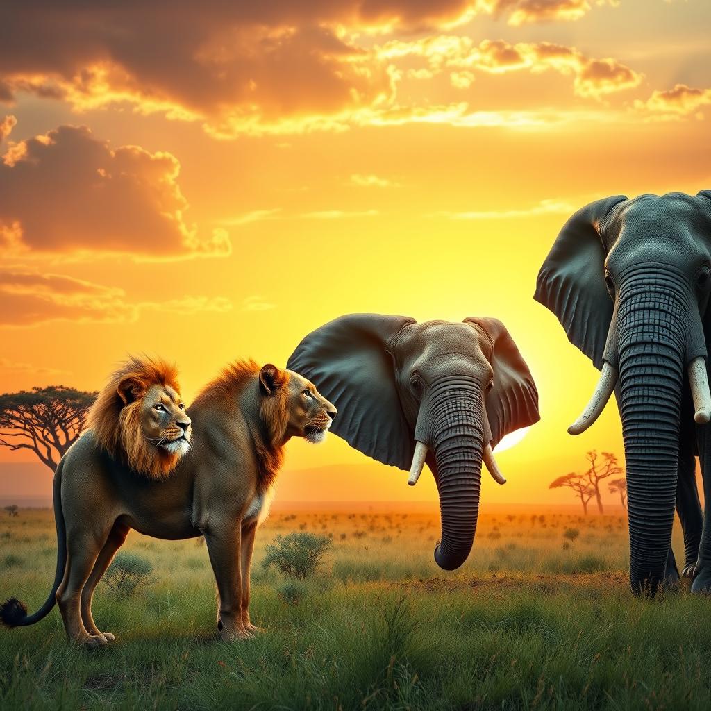 A powerful scene depicting a majestic lion and a colossal elephant facing each other in a stunning savannah landscape