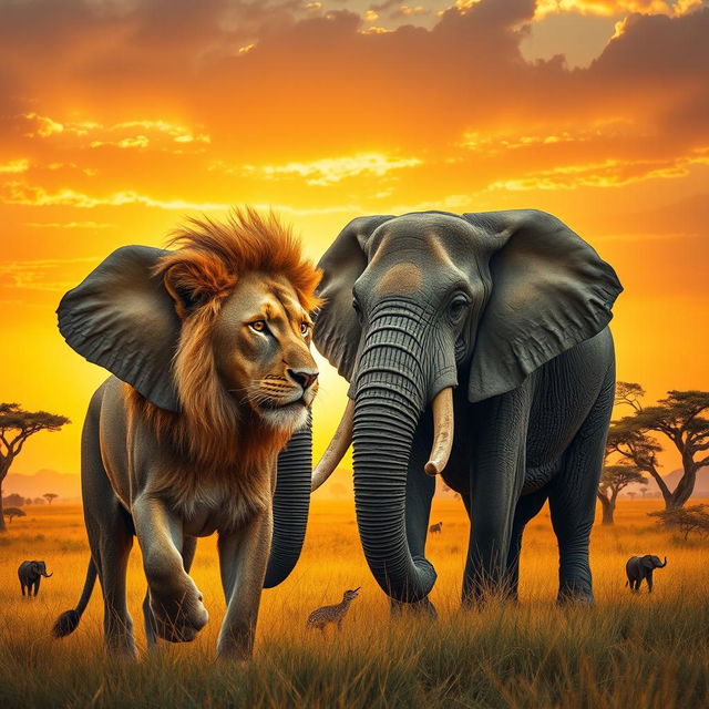 A powerful scene depicting a majestic lion and a colossal elephant facing each other in a stunning savannah landscape