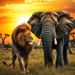 A powerful scene depicting a majestic lion and a colossal elephant facing each other in a stunning savannah landscape