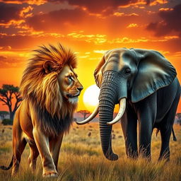 A powerful scene depicting a majestic lion and a colossal elephant facing each other in a stunning savannah landscape