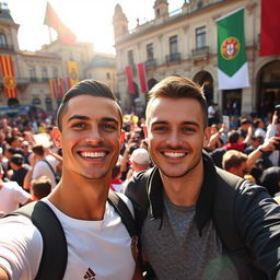 A selfie with Cristiano Ronaldo, standing together in a vibrant, bustling city square filled with enthusiastic fans