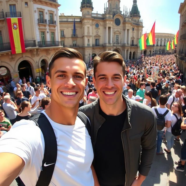 A selfie with Cristiano Ronaldo, standing together in a vibrant, bustling city square filled with enthusiastic fans