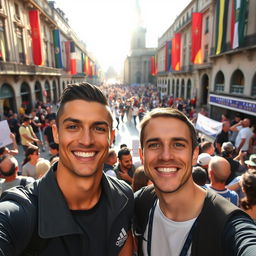 A selfie with Cristiano Ronaldo, standing together in a vibrant, bustling city square filled with enthusiastic fans