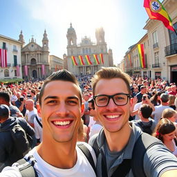 A selfie with Cristiano Ronaldo, standing together in a vibrant, bustling city square filled with enthusiastic fans