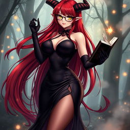 A sexy demonic anime girl witch with long, flowing red hair that cascades gracefully down her back