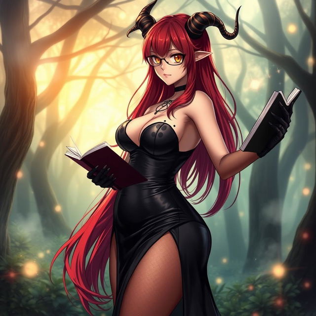 A sexy demonic anime girl witch with long, flowing red hair that cascades gracefully down her back