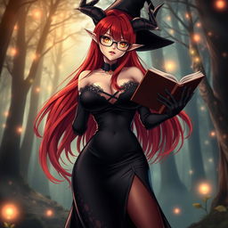 A sexy demonic anime girl witch with long, flowing red hair that cascades gracefully down her back