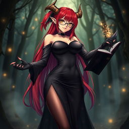A sexy demonic anime girl witch with striking long red hair flowing down her back and chic glasses that frame her alluring face