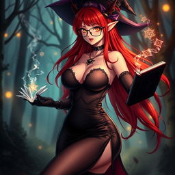 A sexy demonic anime girl witch with striking long red hair flowing down her back and chic glasses that frame her alluring face