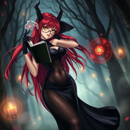 A sexy demonic anime girl witch with striking long red hair flowing down her back and chic glasses that frame her alluring face