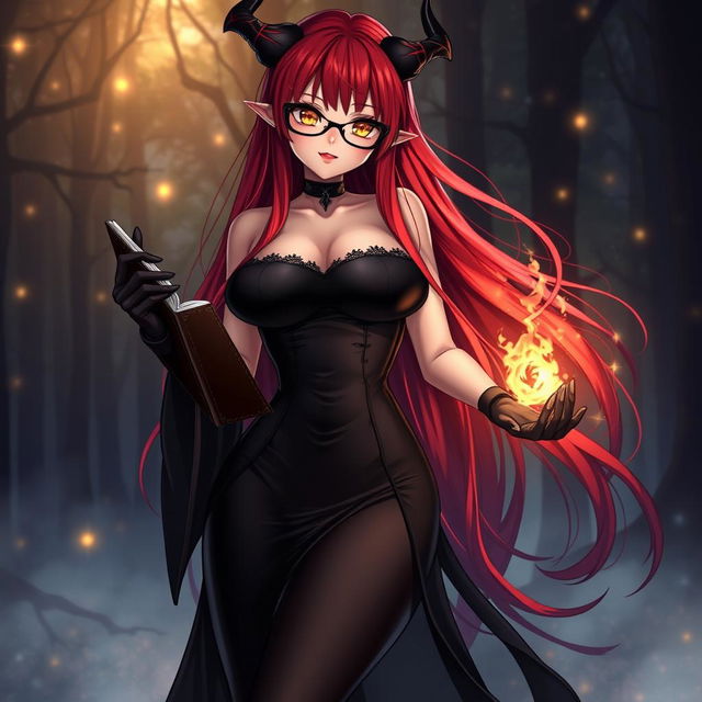 A sexy demonic anime girl witch with striking long red hair flowing down her back and chic glasses that frame her alluring face