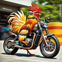 A creative depiction of a Motorchicken, a unique fusion between a half chicken and a half motorcycle