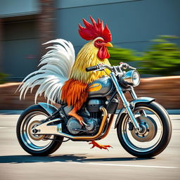 A creative depiction of a Motorchicken, a unique fusion between a half chicken and a half motorcycle