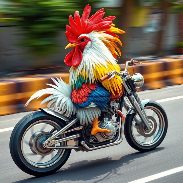 A creative depiction of a Motorchicken, a unique fusion between a half chicken and a half motorcycle