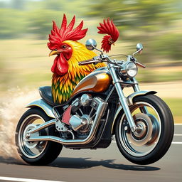 A creative depiction of a Motorchicken, a unique fusion between a half chicken and a half motorcycle