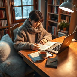 A cozy indoor study scene set during winter