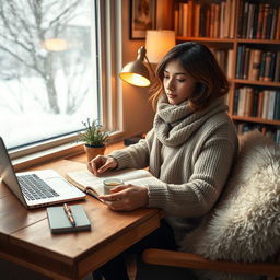 A cozy indoor study scene set during winter