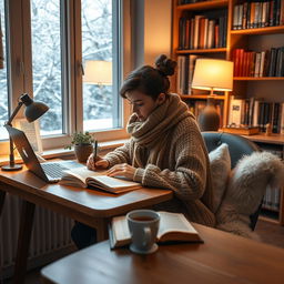 A cozy indoor study scene set during winter