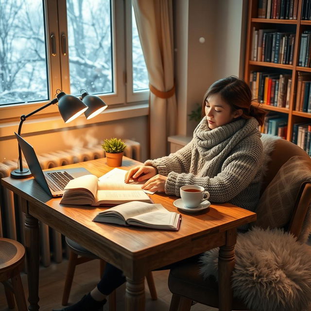 A cozy indoor study scene set during winter