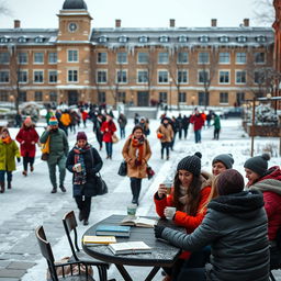 A vibrant university campus scene during winter