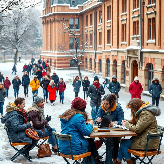 A vibrant university campus scene during winter