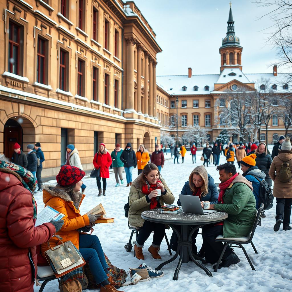 A vibrant university campus scene during winter