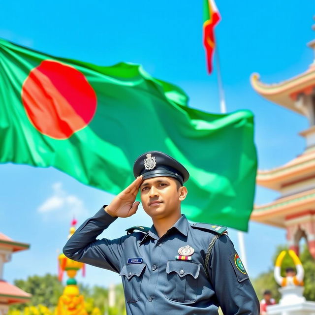 A proud Bangladeshi policeman saluting the national flag of Bangladesh