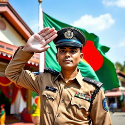 A proud Bangladeshi policeman saluting the national flag of Bangladesh
