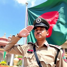 A proud Bangladeshi policeman saluting the national flag of Bangladesh