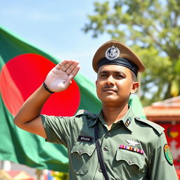 A proud Bangladeshi policeman saluting the national flag of Bangladesh