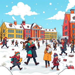 A whimsical cartoon-style illustration of a university campus during winter