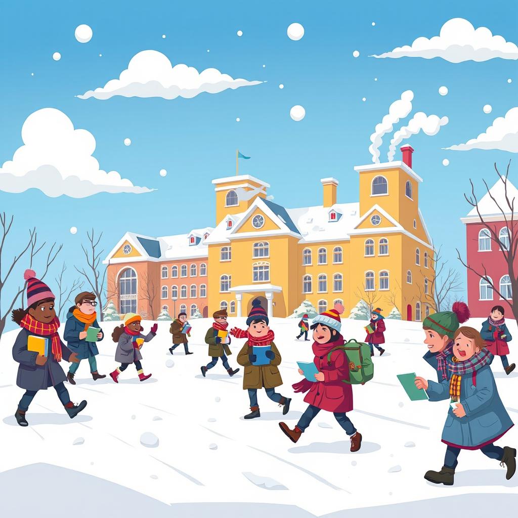 A whimsical cartoon-style illustration of a university campus during winter