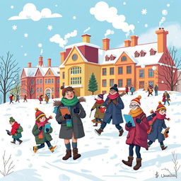 A whimsical cartoon-style illustration of a university campus during winter