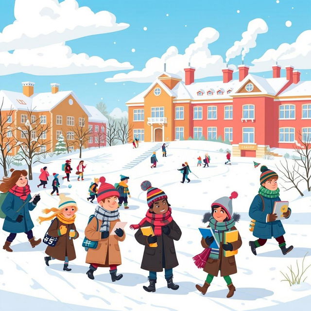 A whimsical cartoon-style illustration of a university campus during winter