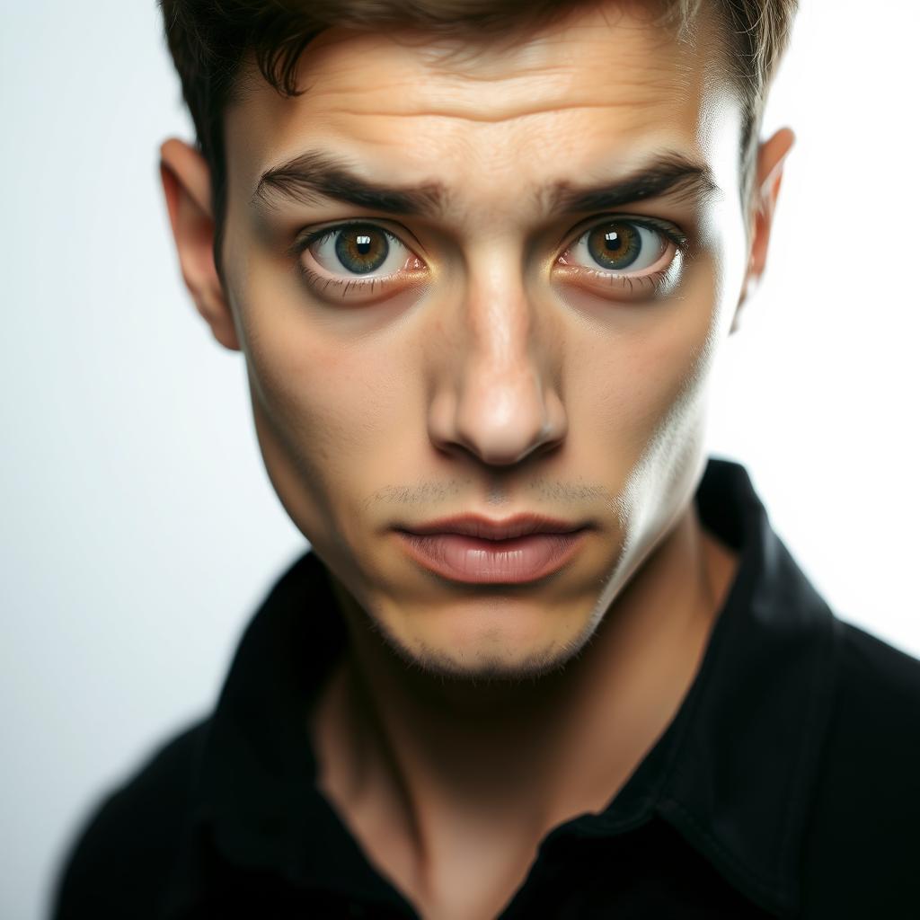 A close-up portrait of a person with open eyes, wearing a black shirt