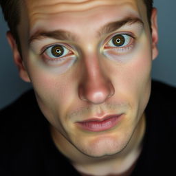 A close-up portrait of a person with open eyes, wearing a black shirt