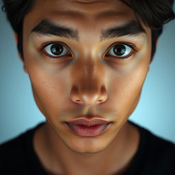 A close-up portrait of a person with open eyes, wearing a black shirt